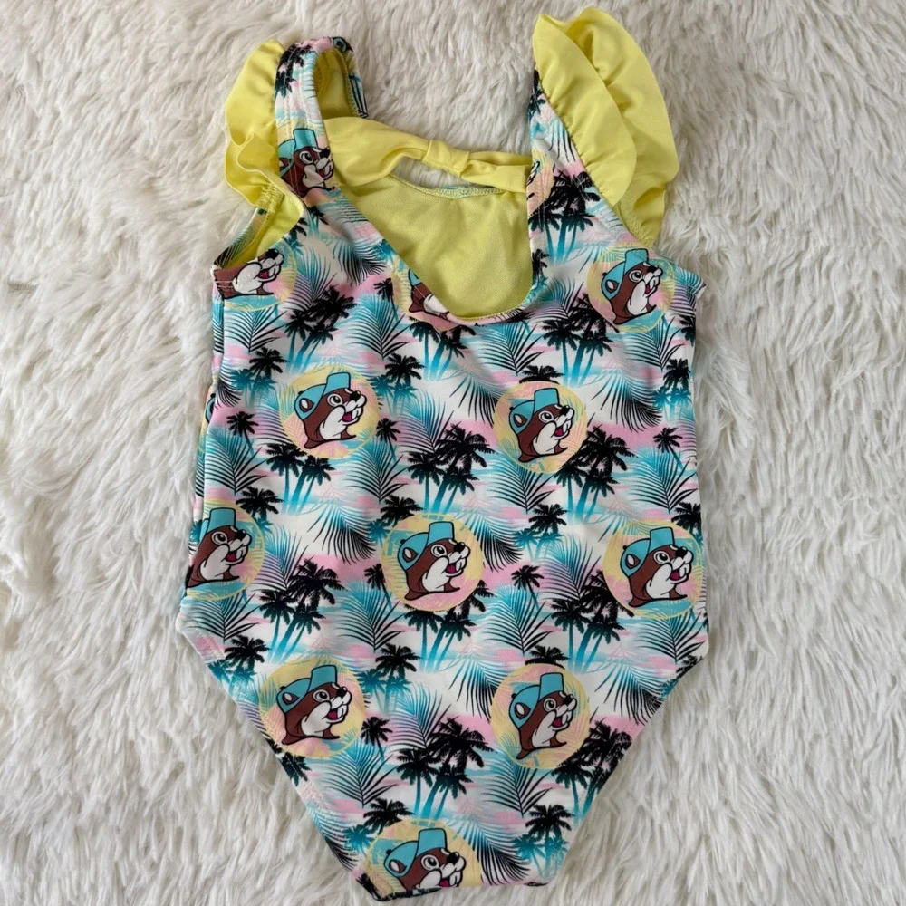 Buc-ee's Girls 3T One Piece Swimsuit Brown Palm Tree‎ Ruffles Tropical Beachwear - Picture 4 of 7